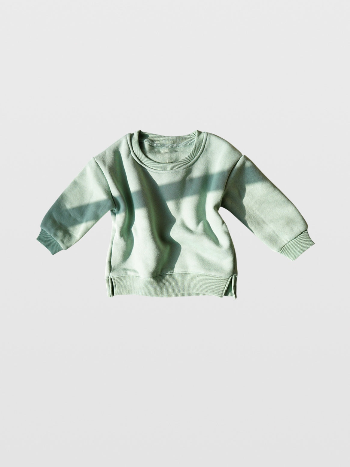 Club Enzo mint green long sleeve crew neck cotton sweatshirt with ribbed vent slit waist and relaxed fit for boys and girls toddler babies mom must haves infant plain cozy brush pullover sweatshirt made in Los Angeles kids and baby online clothing store boutique